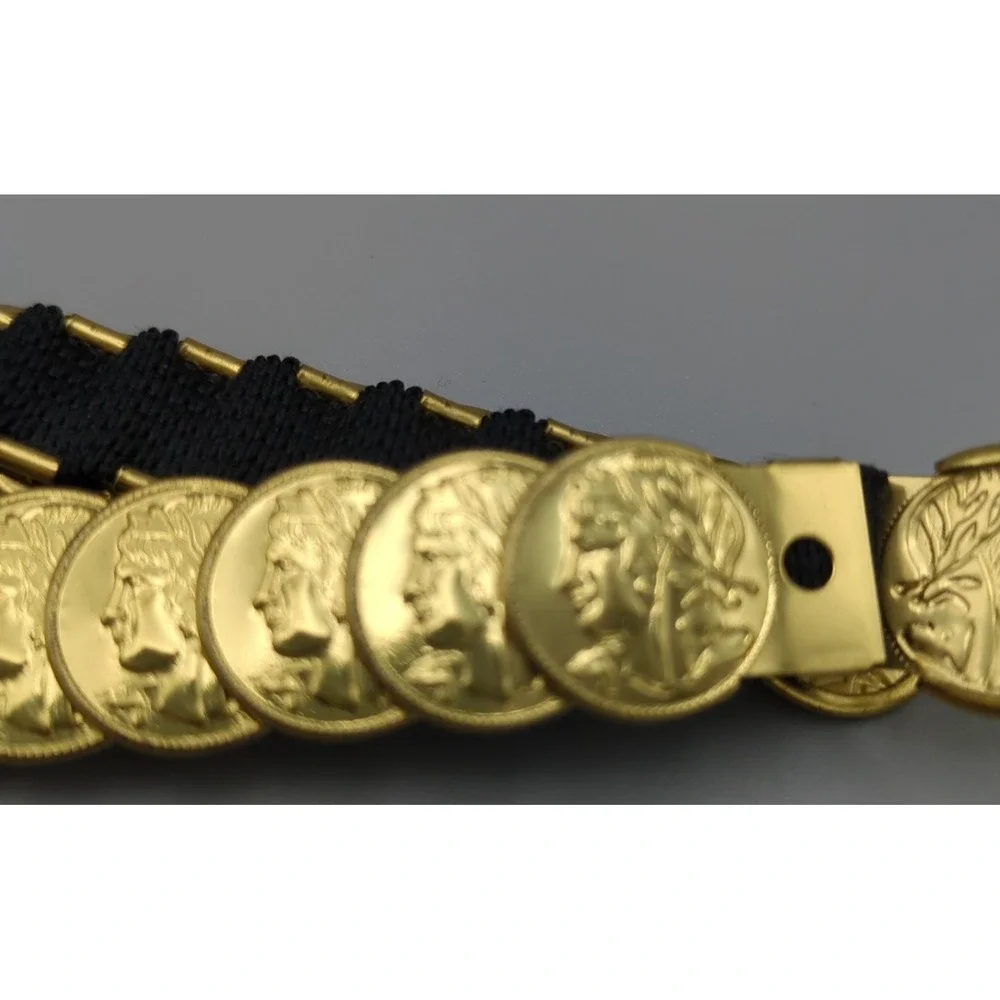 VTG 80s Gold Roman Coin Belt Snake Embossed Vinyl‎ Navy Chain Womens Size Small